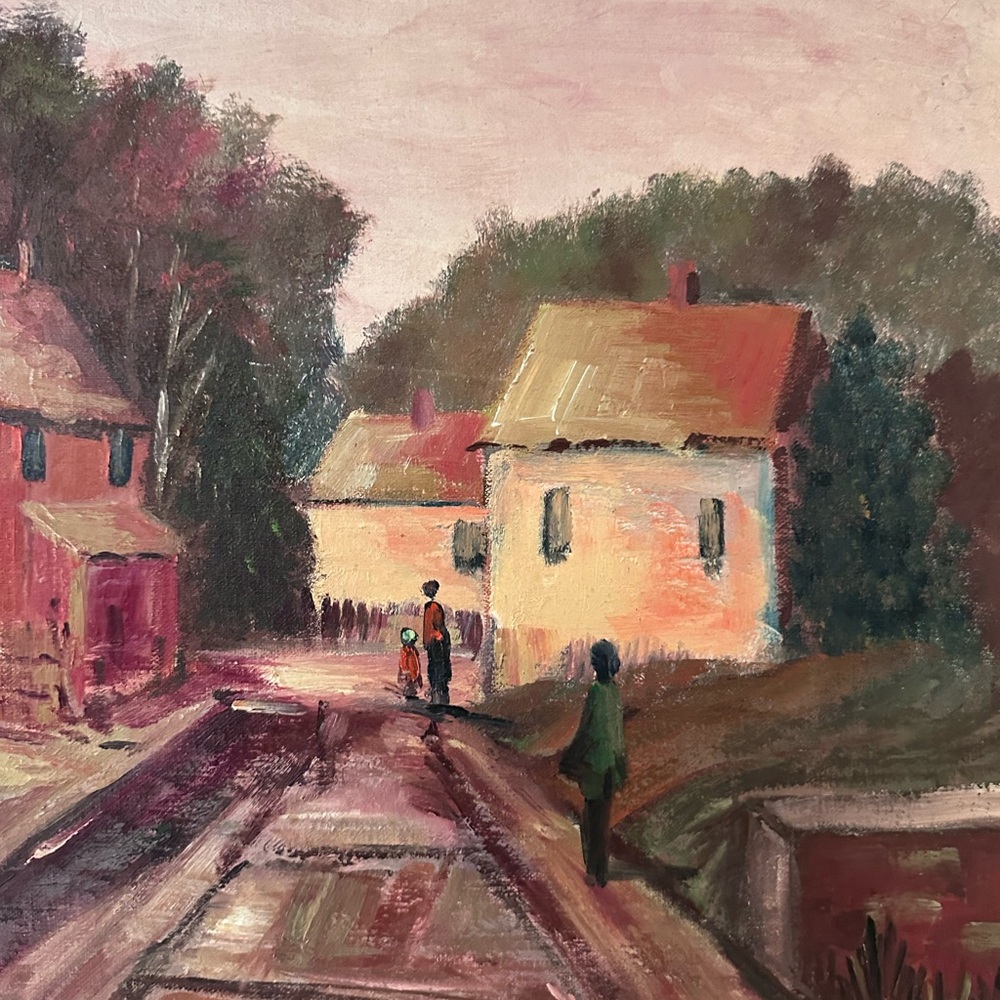 Charming Village Landscape Painting 14 x 18 back of painting in fair condition - Picture 3 of 5